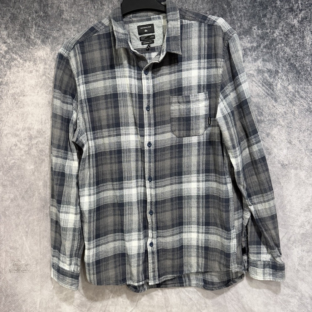Quicksilver Shirt Modern Fit Plaid Flannel Gray Long Sleeve Button‎ Up Pockets L